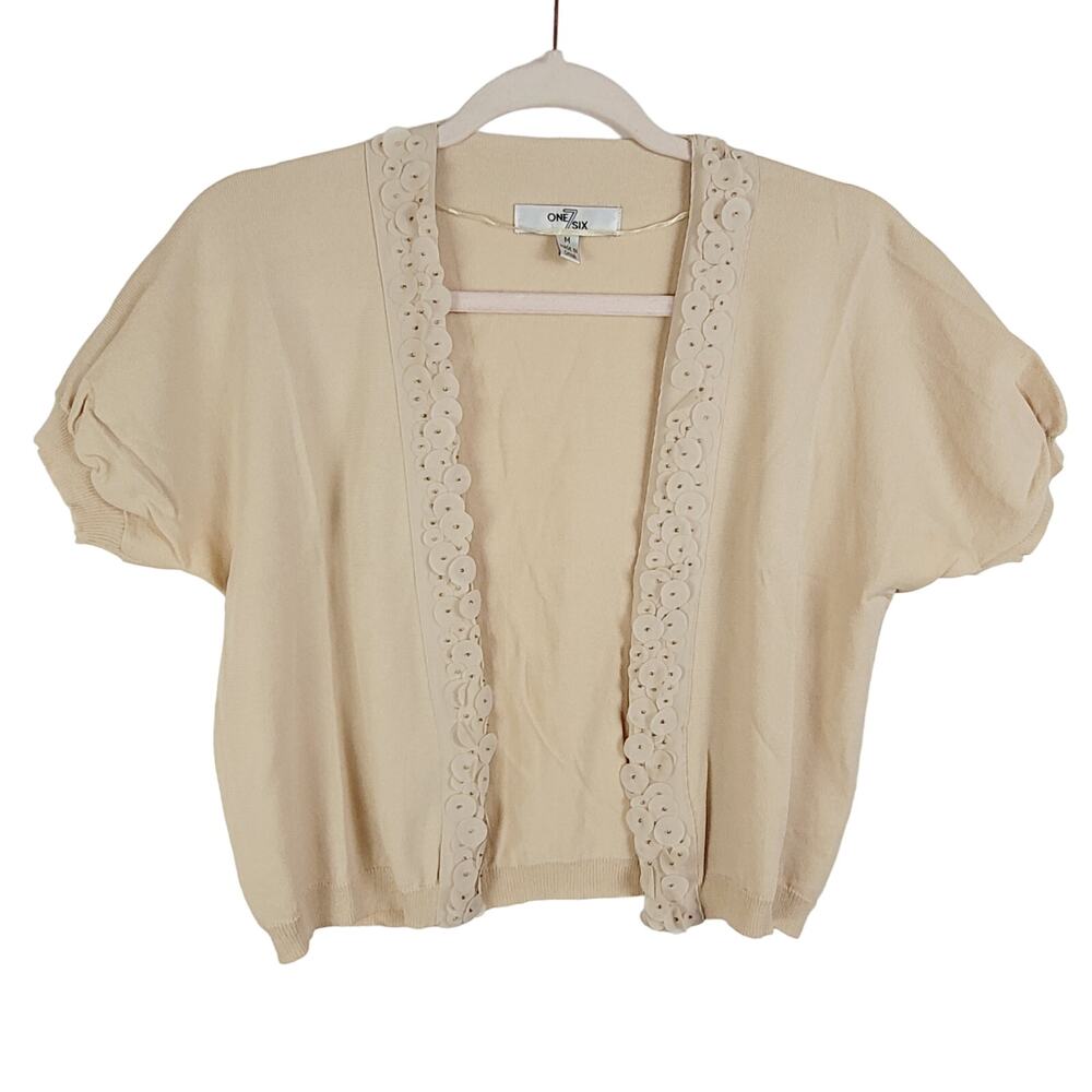 One 7 Six tan beaded cropped short sleeved cardigan Size Med Cottagecore Boho
